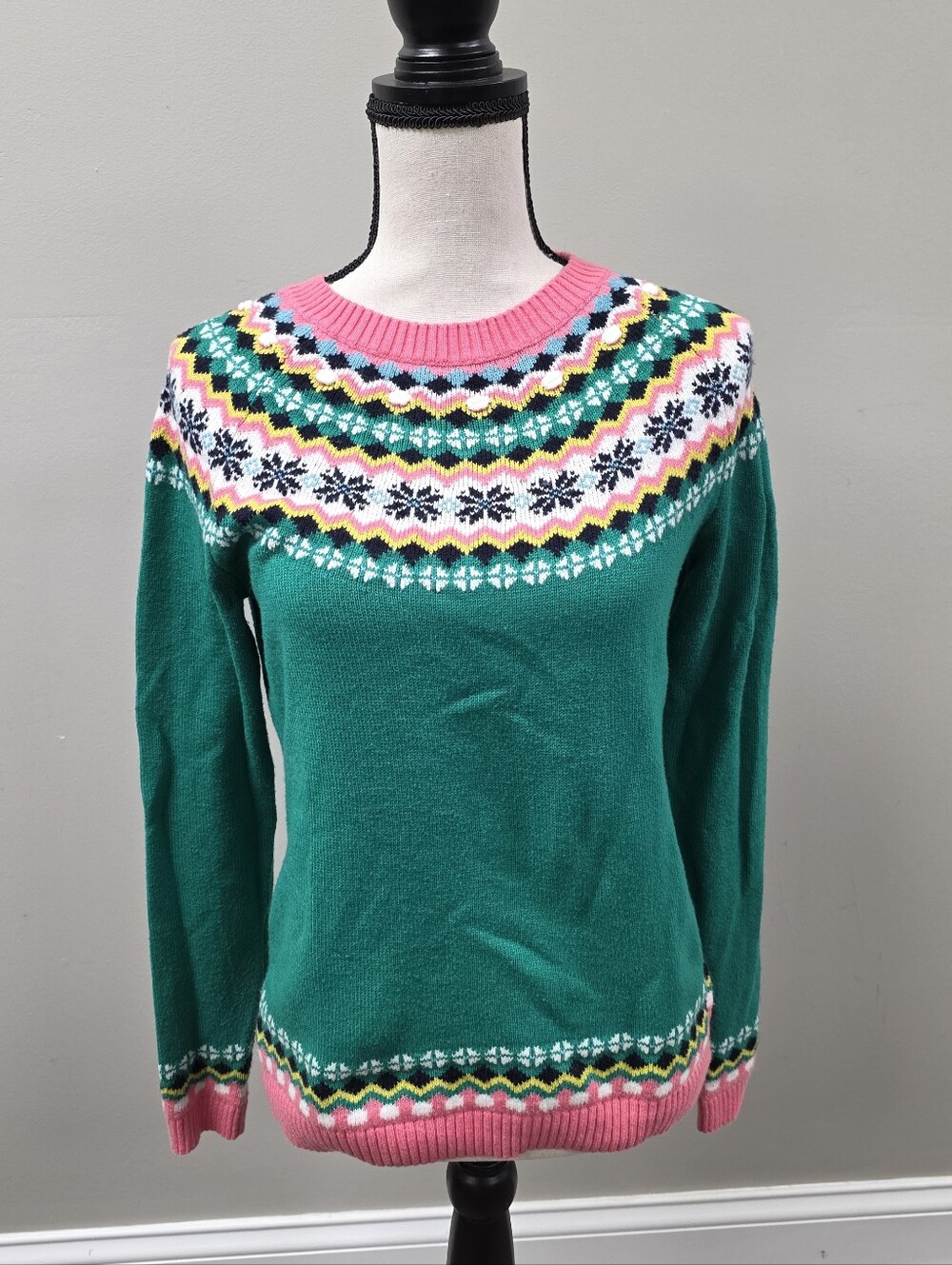 Talbots Green Fair Isle Crewneck Sweater with Pink Trim Size Small - Picture 2 of 7
